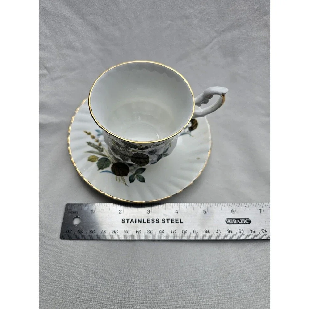 Royal Dover Bone China Floral Leaves Wheat Gold Trim Teacup Saucer Set